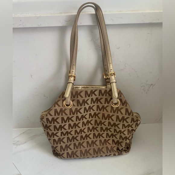 Michael Kors Brown and Gold Tote Bag with Signature MK Design - Picture 8 of 16